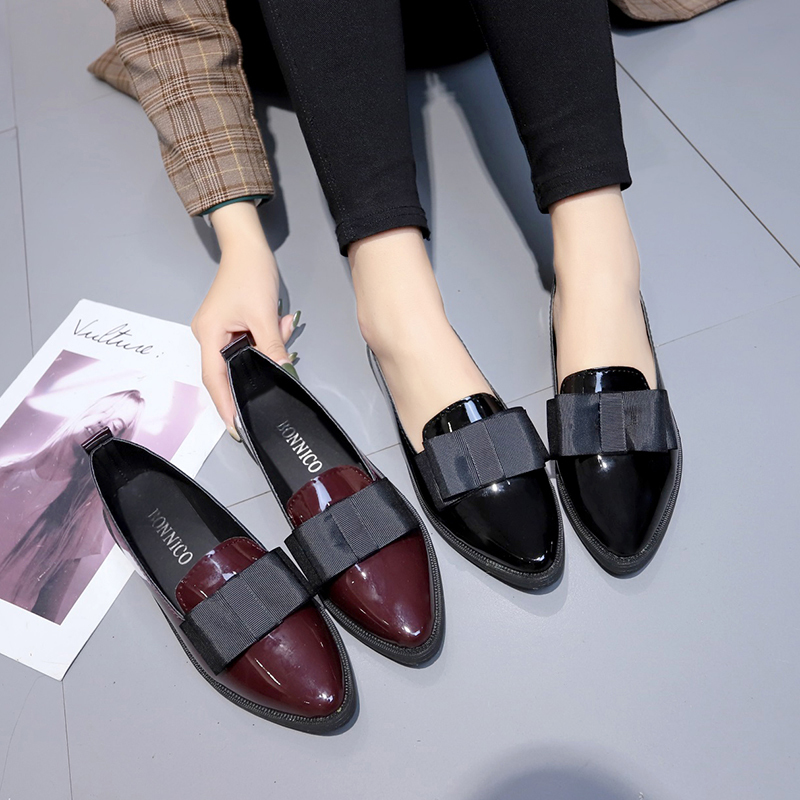 Summer Clothing Elegant - Schwarze/Weinrote Lackleder-Spitzschuhe, Slipper mit Schleifenknoten, Vielseitige