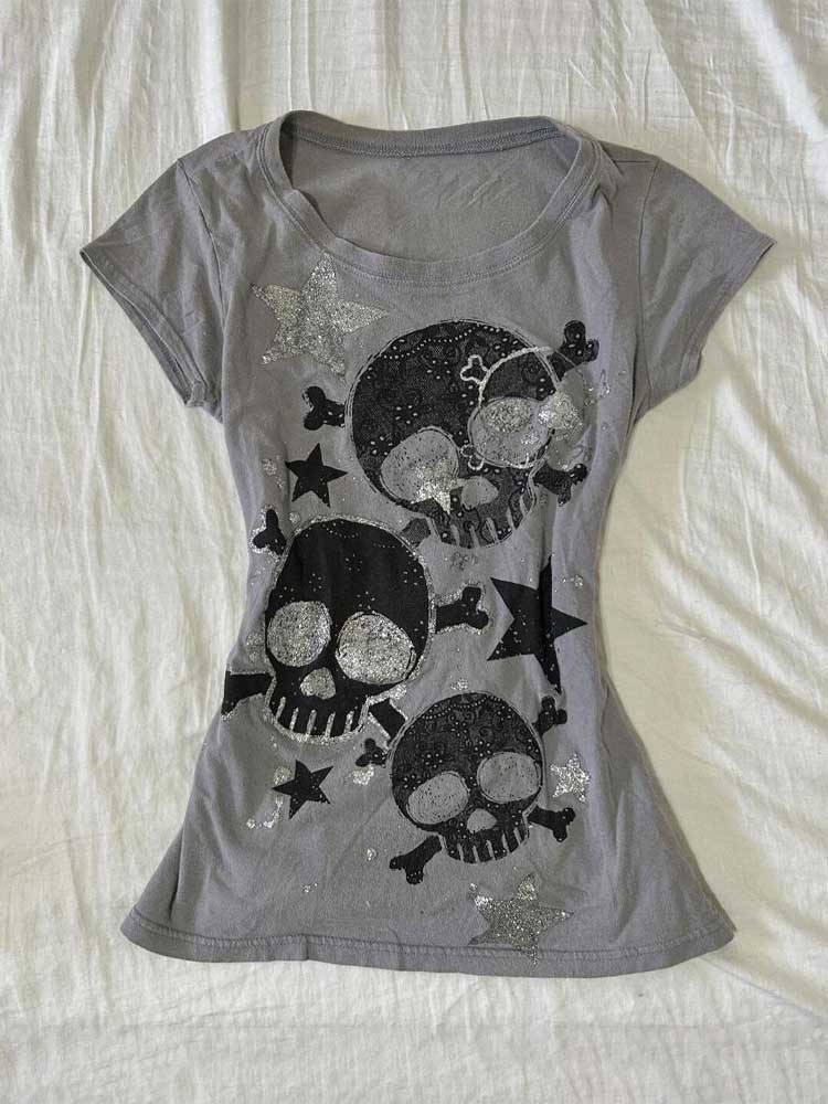 Summer Goth Clothing - Retro-Vintage-T-Shirt mit Totenkopf-Sternen-Print für Damen, Rundhalsausschnitt,