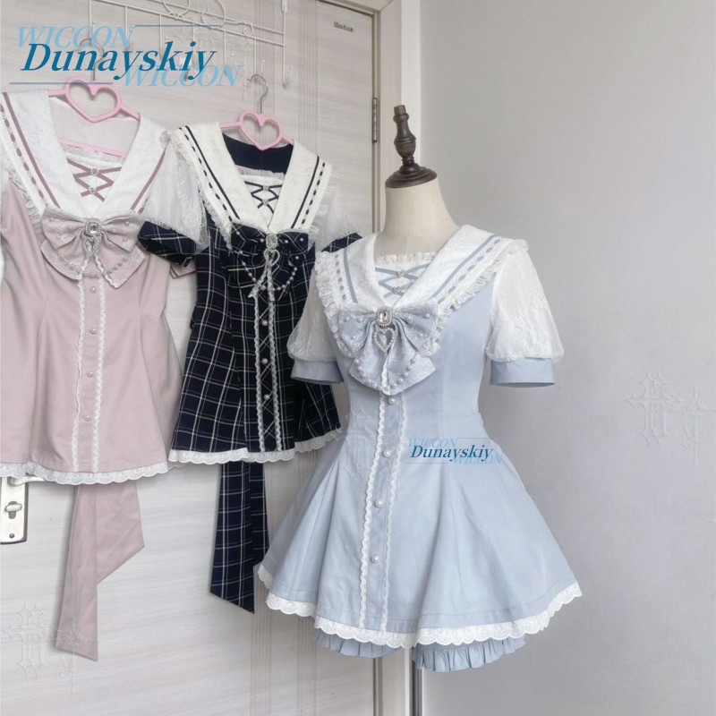 Summer Alt Clothing - Matrosenkragen-Kleid-Set mit Spitze und Schleife, Kurzarm,