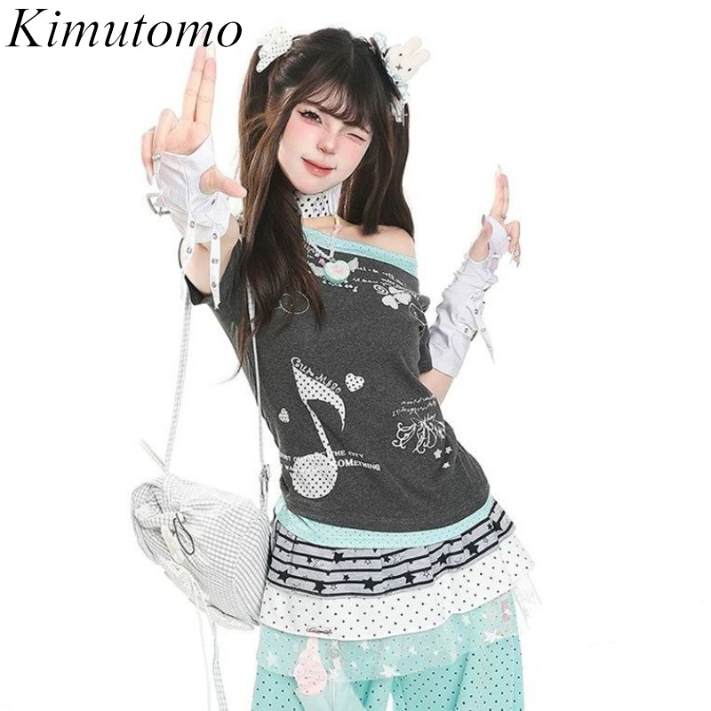 Summer Grunge Clothing - Kimutomo Damen-T-Shirts mit Polka-Dot-Print, kurzärmelig, schmal