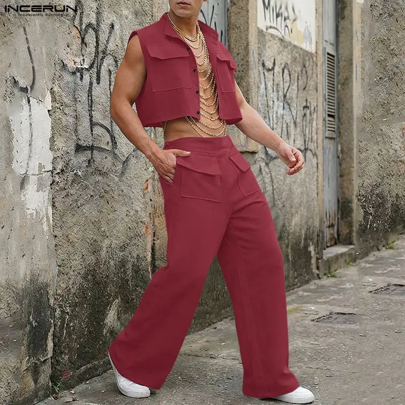 Summer Clothing Trend - INCERUN Herren-Sets Einfarbiges Ärmelloses Crop-Top Hemd