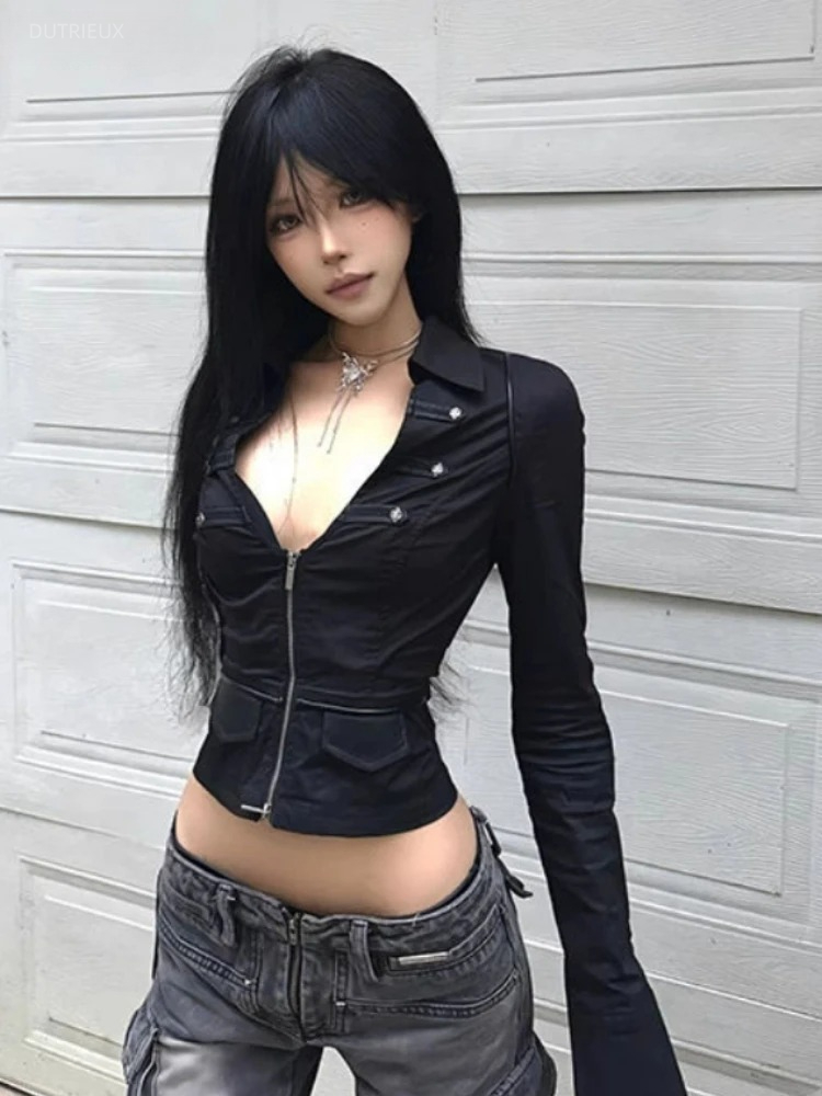 Summer Grunge Clothing - Y2k Ästhetische Frauen Sexy Bluse Solide