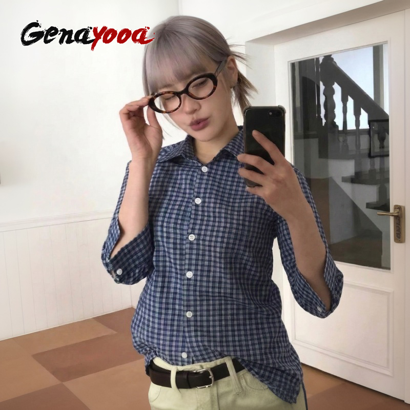 Summer Grunge Clothing - Genayooa Y2k Kariertes Hemd Damen Dreiviertel-Freizeithemd