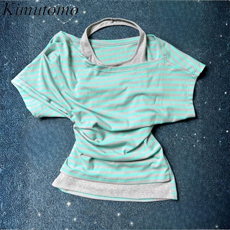 Summer Grunge Clothing - Kimutomo Damen T-Shirts, gestreift, bedruckt, Patchwork,