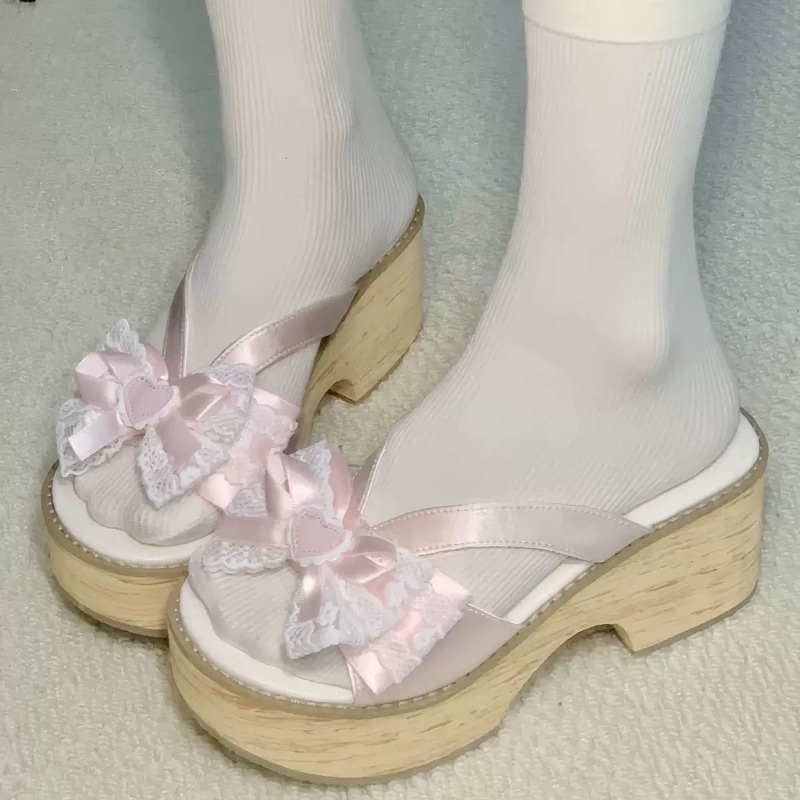 Summer Clothing Elegant - Süße Schleifen-Holzmaserung Plateau-Slipper für Damen –