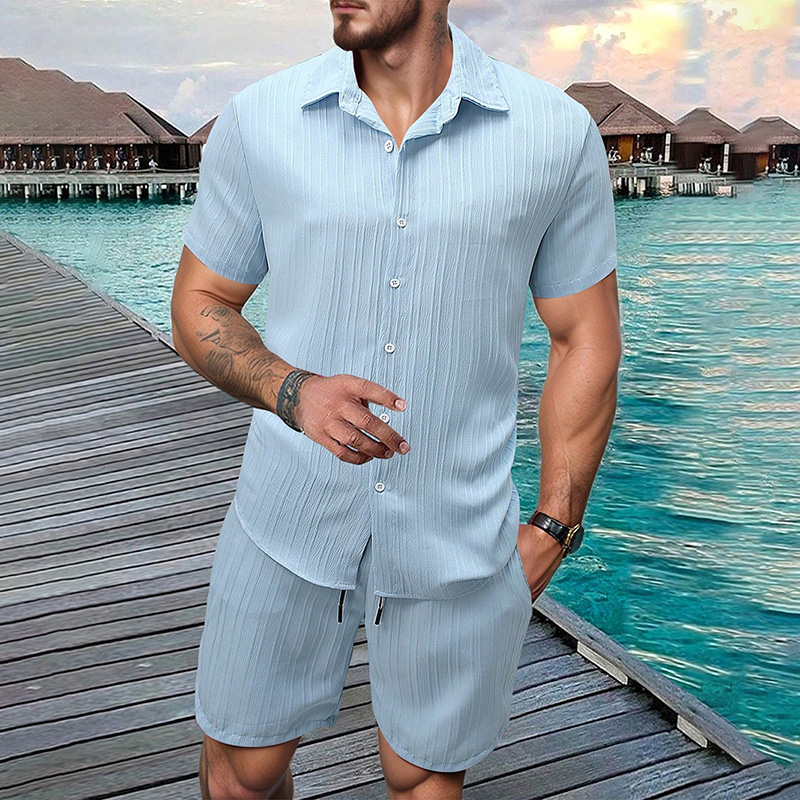 Summer Clothing Trend - 2026 Neues Herren-Set: Vertikal geknittertes Revers-Kurzarmhemd