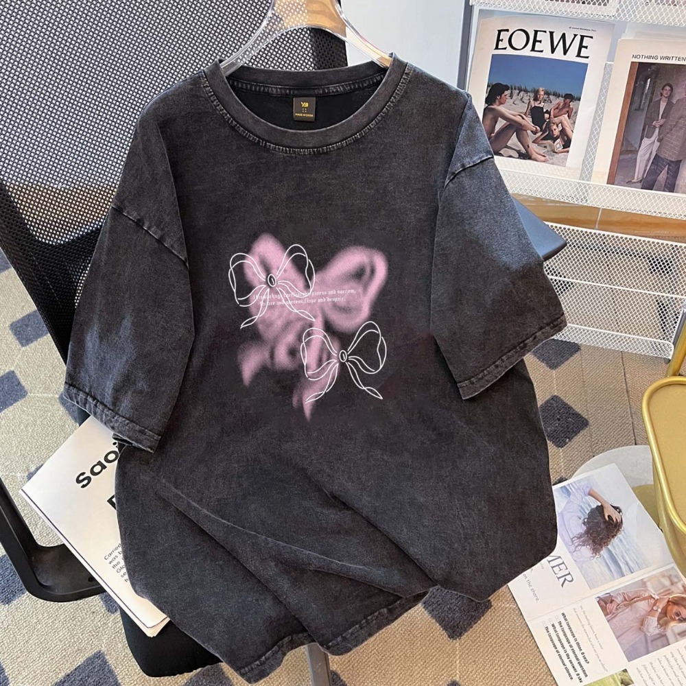 Summer Goth Clothing - Gewaschenes schwarzes Oversize-T-Shirt für Damen, Vintage-Schmetterlings-Schleifen-Print,