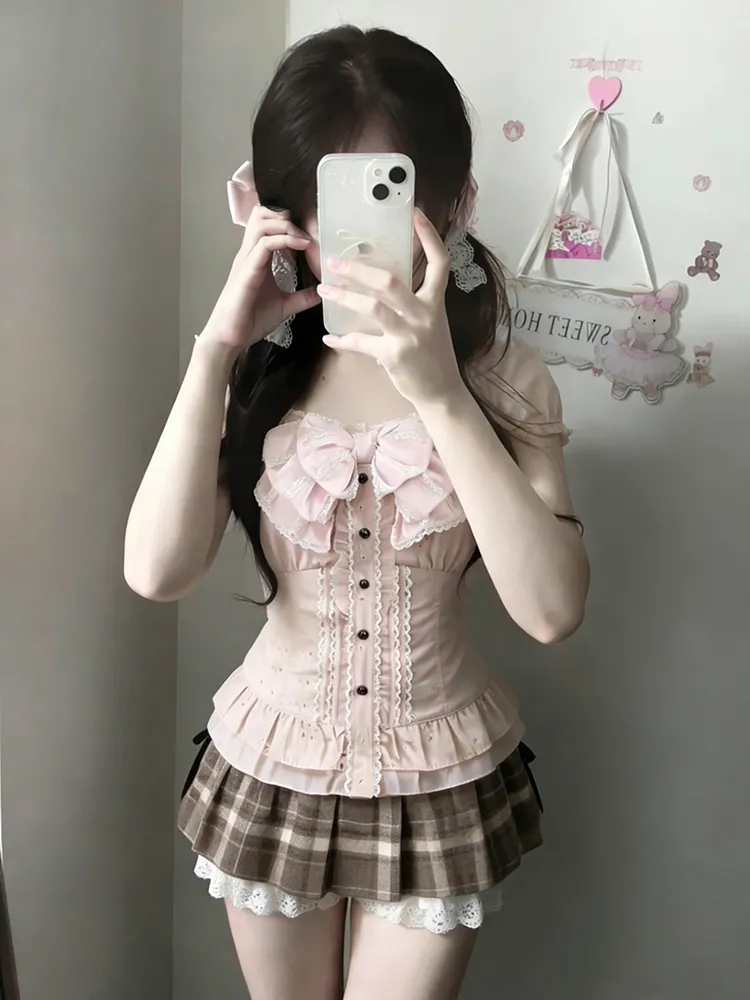 Summer Alt Clothing - Japanisches Süßes Dreiteiliges Set Damen Spitzen-Bluse